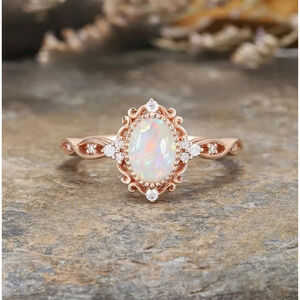 Vintage Style Rose Gold Opal Ring with Rhinestone Accents